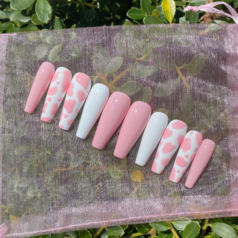 Pink Cow Print Long Coffin Press On Nail Set